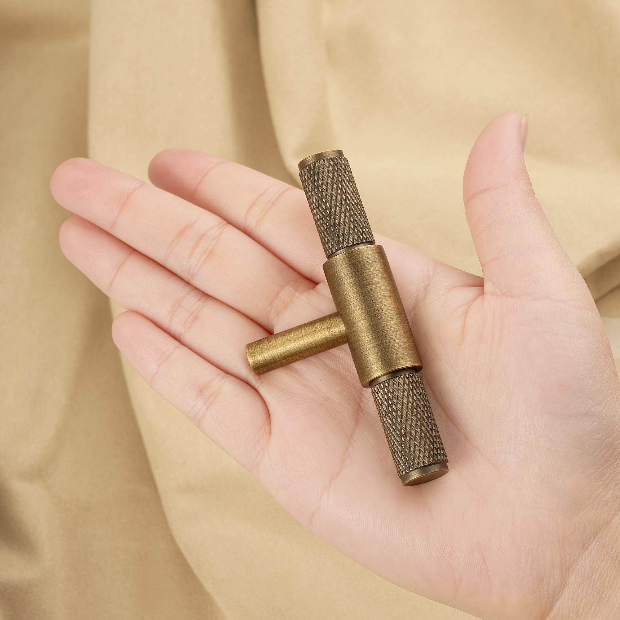 Solid Brass Knurled Cabinet Pull, Antique Industrial T Bar Knob