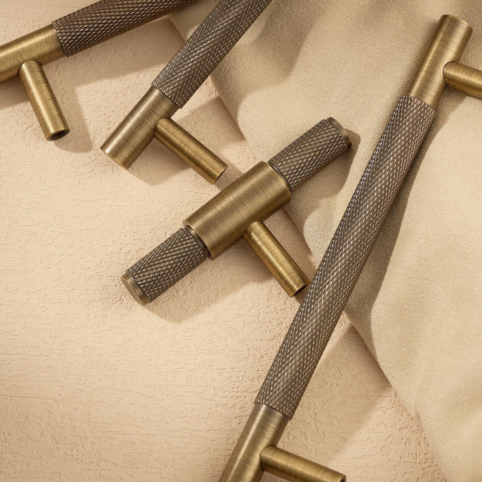 Solid Brass Knurled Cabinet Pull, Antique Industrial T Bar Knob