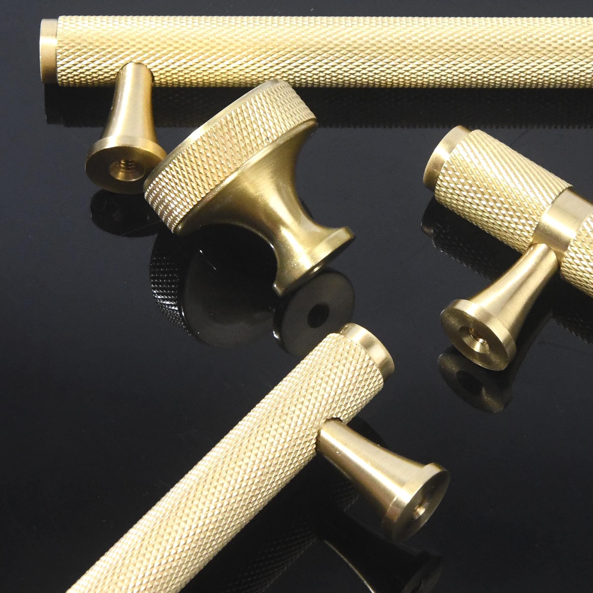 Solid Brass Knurled Cabinet Pull, Modern T Bar Drawer Handle, Brushed Industrial Hardware