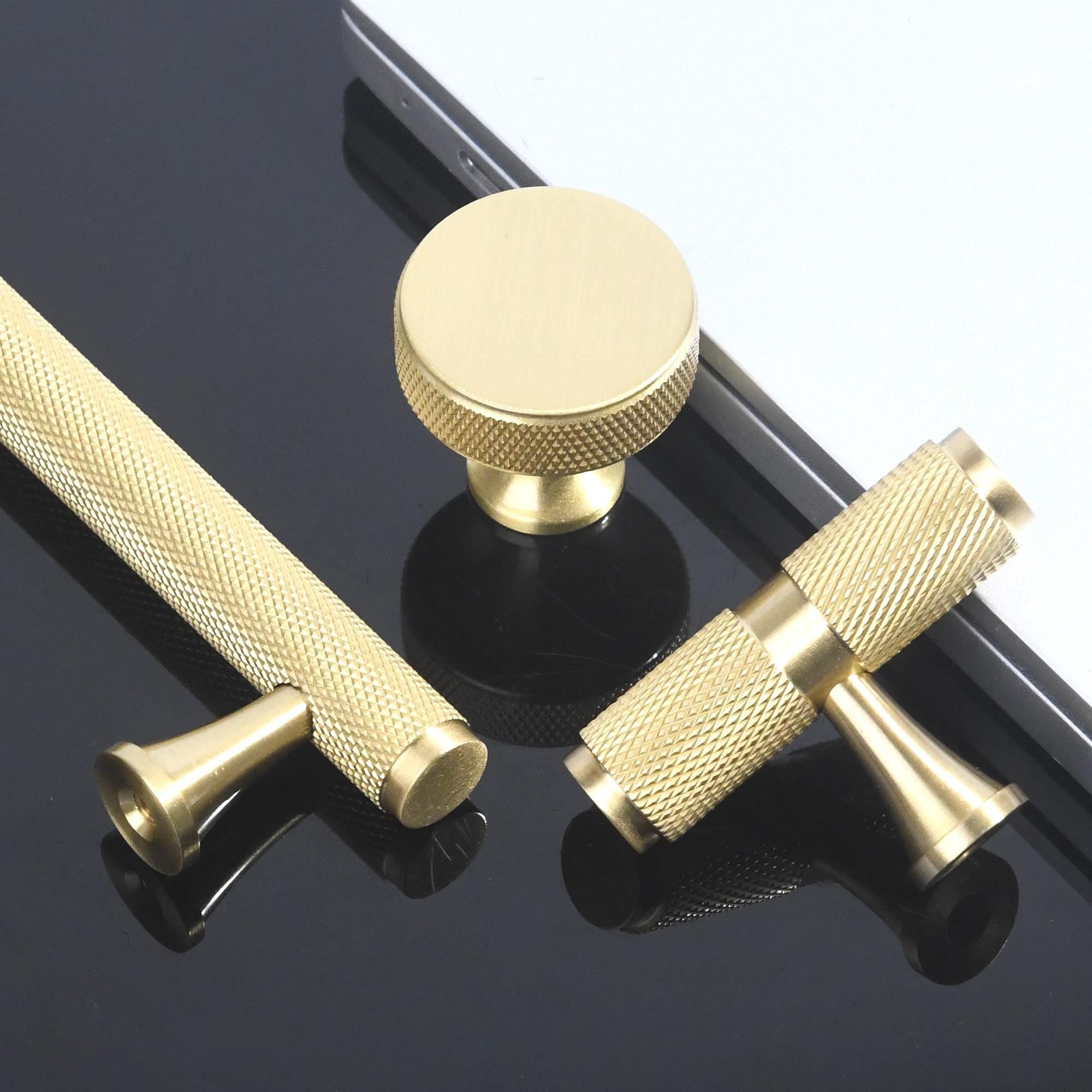 Solid Brass Knurled Cabinet Pull, Modern T Bar Drawer Handle, Brushed Industrial Hardware