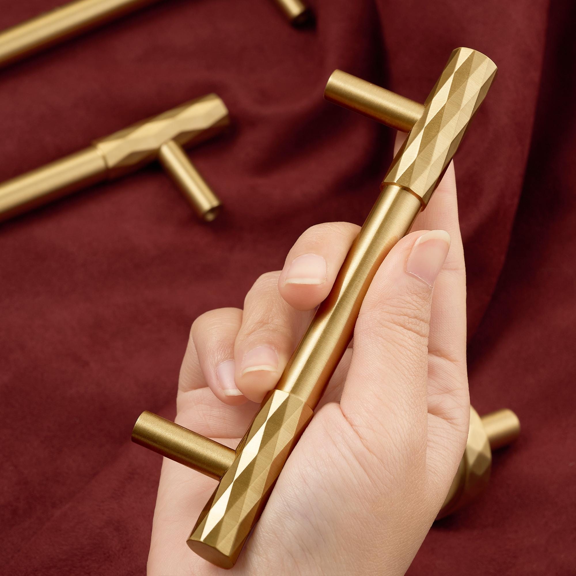 Faceted Brass Cabinet Pull, Brushed Gold Drawer Handle, Modern Kitchen Cabinet Hardware