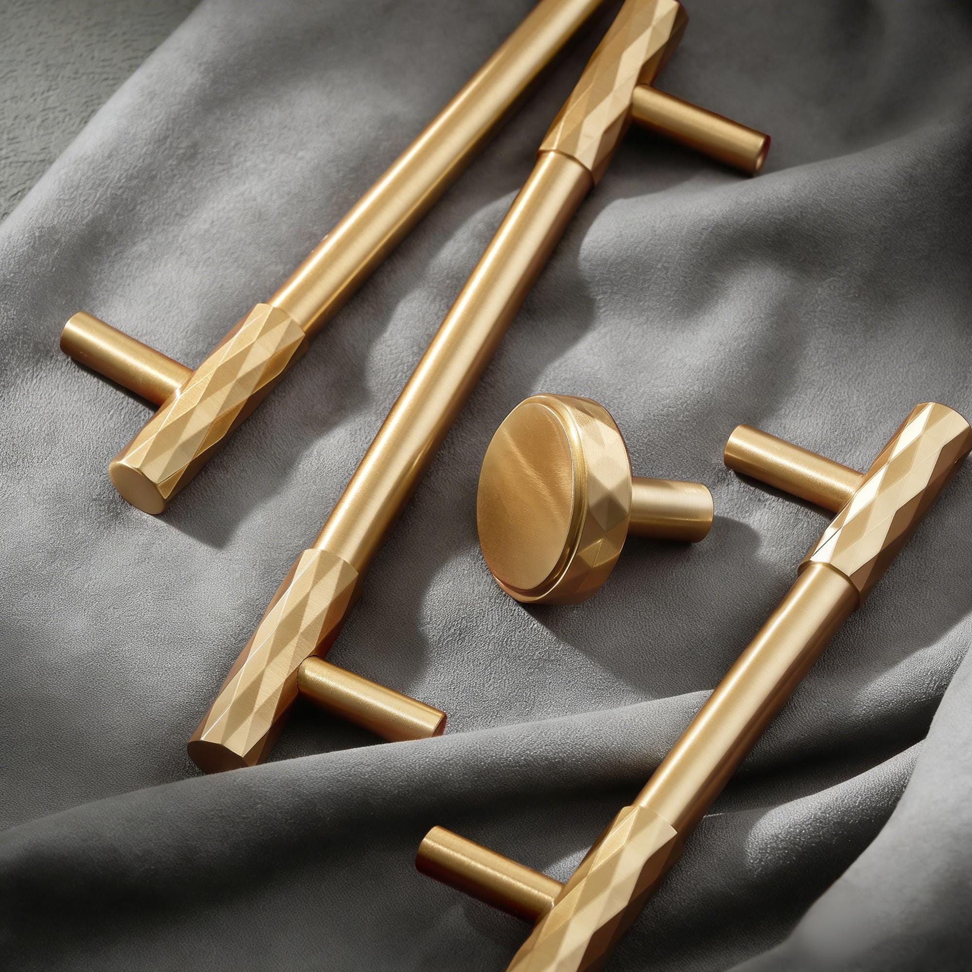 Faceted Brass Cabinet Pull, Brushed Gold Drawer Handle, Modern Kitchen Cabinet Hardware