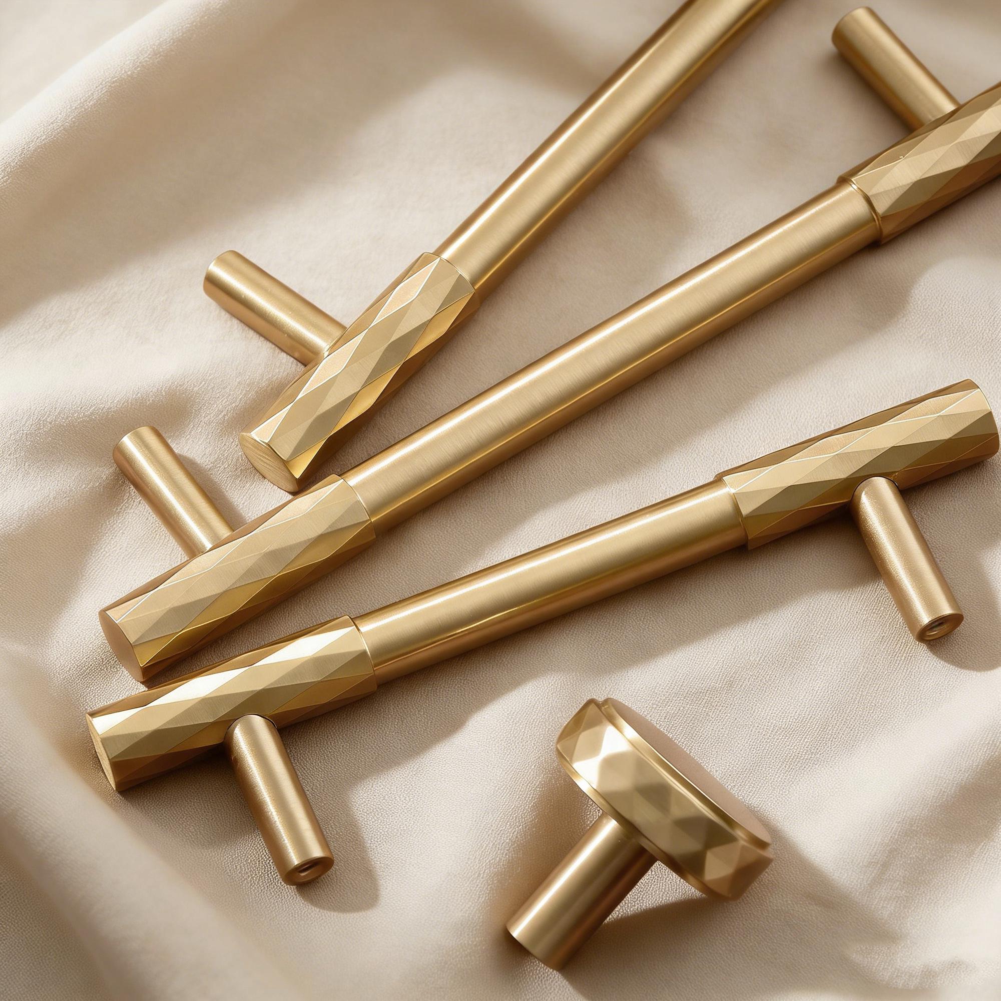 Faceted Brass Cabinet Pull, Brushed Gold Drawer Handle, Modern Kitchen Cabinet Hardware