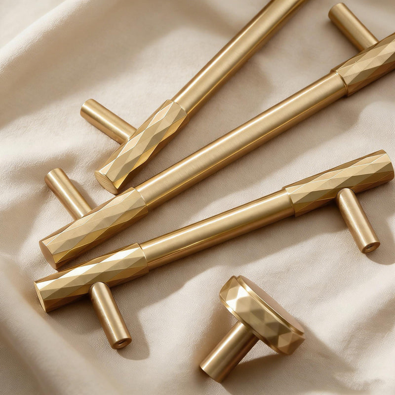Faceted Brass Cabinet Pull, Brushed Gold Drawer Handle, Modern Kitchen Cabinet Hardware