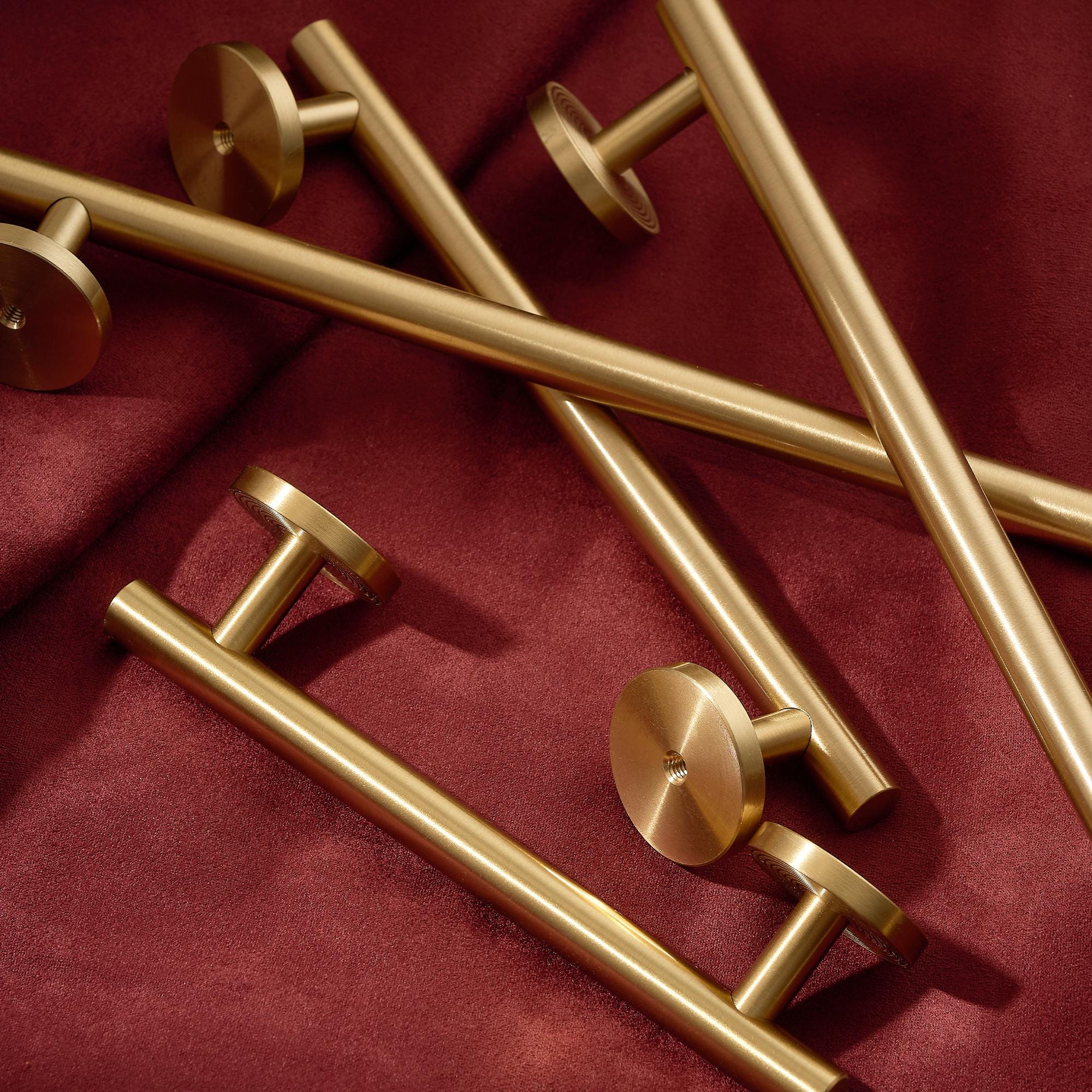 Modern Brass Bar Pull, Gold Cabinet Handle with Round Base