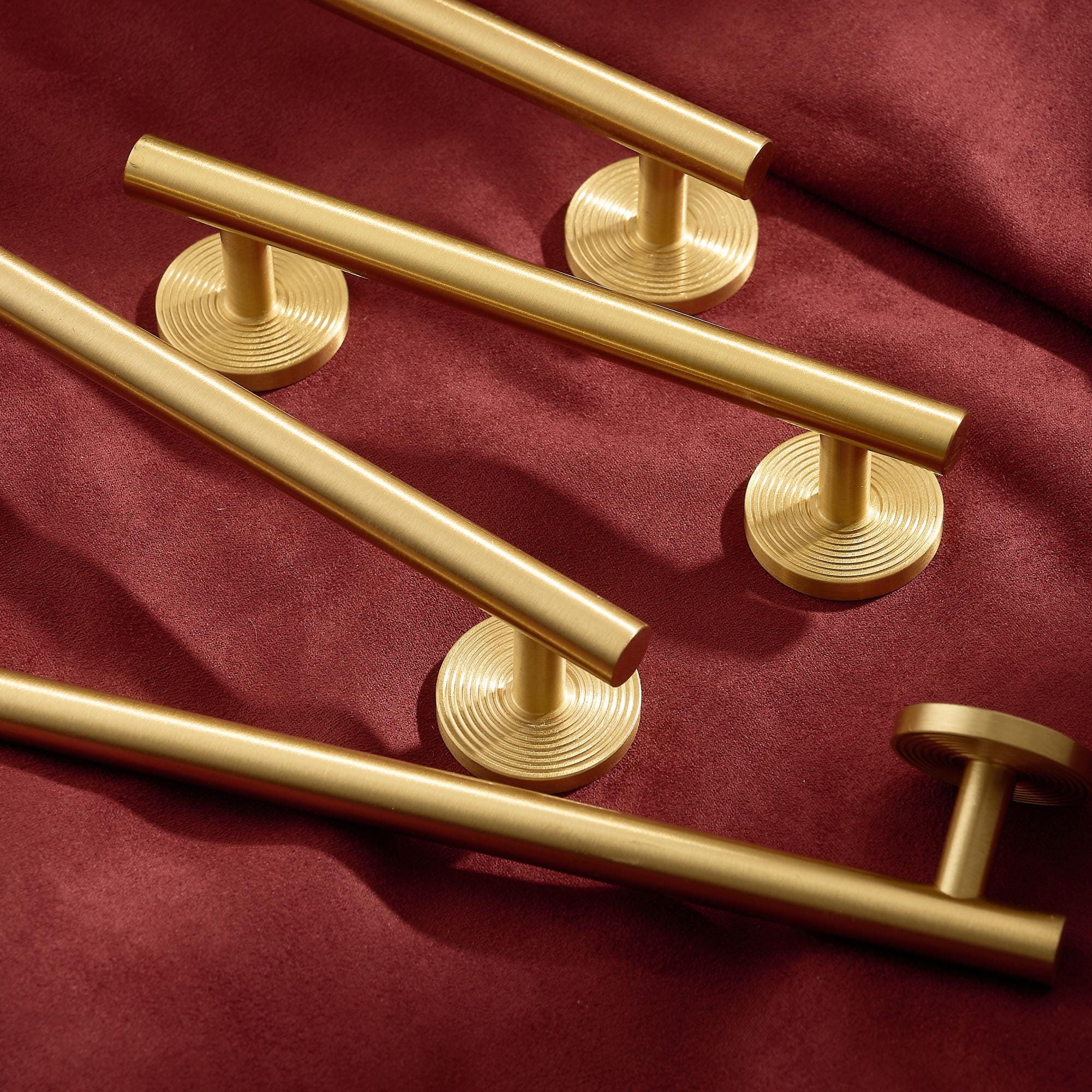 Modern Brass Bar Pull, Gold Cabinet Handle with Round Base