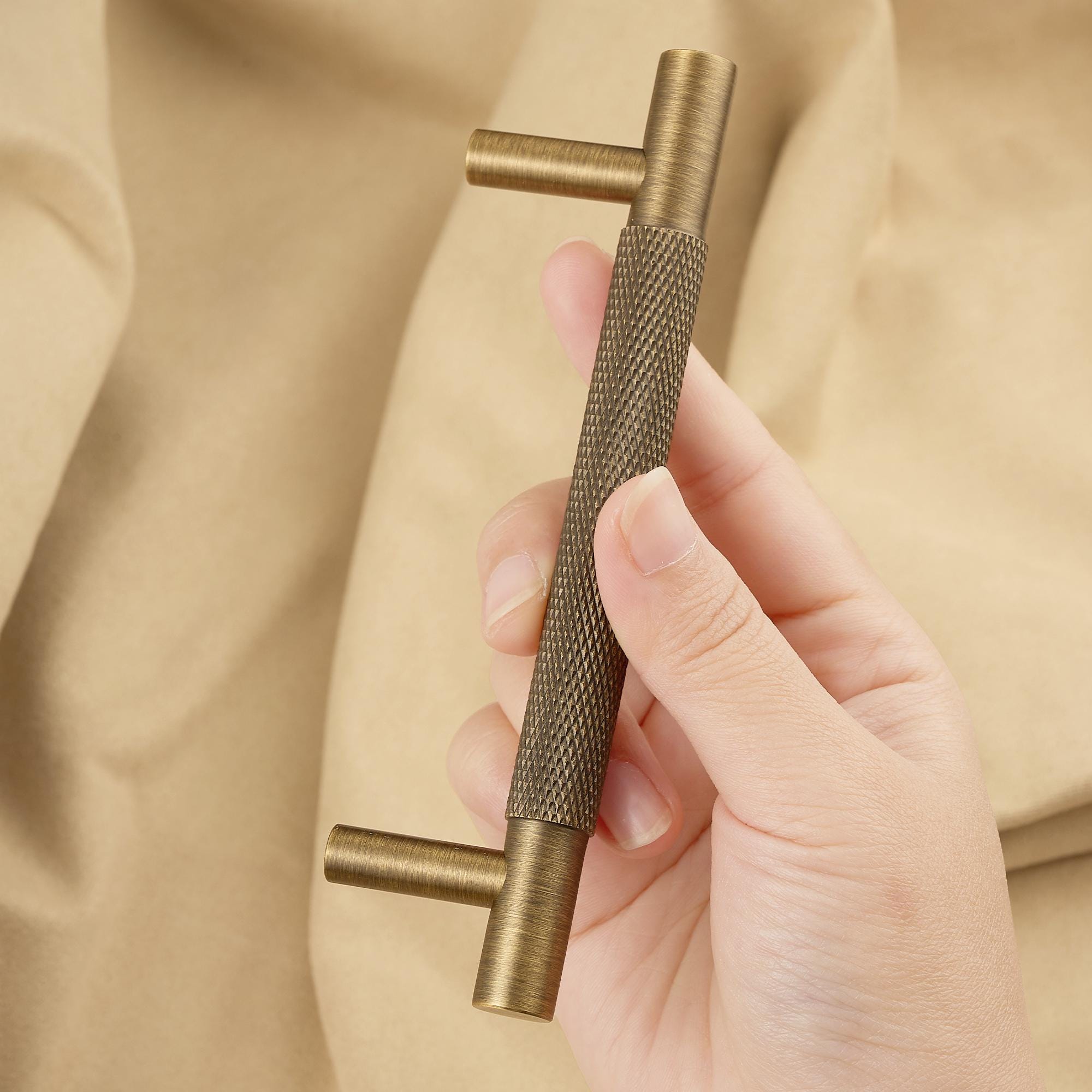 Solid Brass Knurled Cabinet Pull, Antique Industrial T Bar Knob