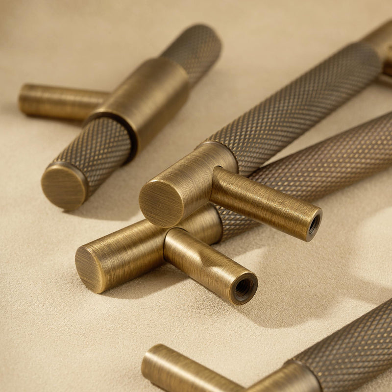 Solid Brass Knurled Cabinet Pull, Antique Industrial T Bar Knob