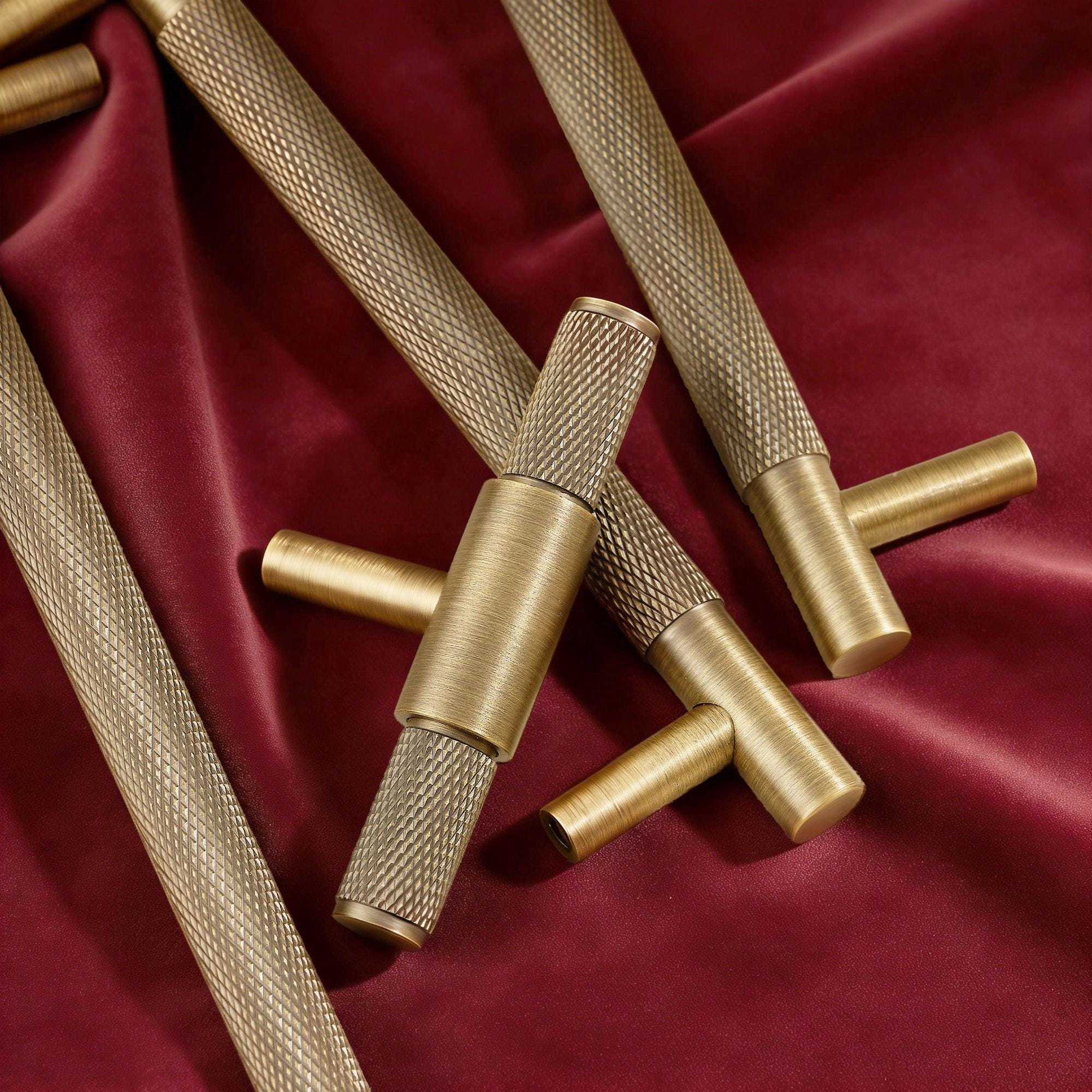 Solid Brass Knurled Cabinet Pull, Antique Industrial T Bar Knob