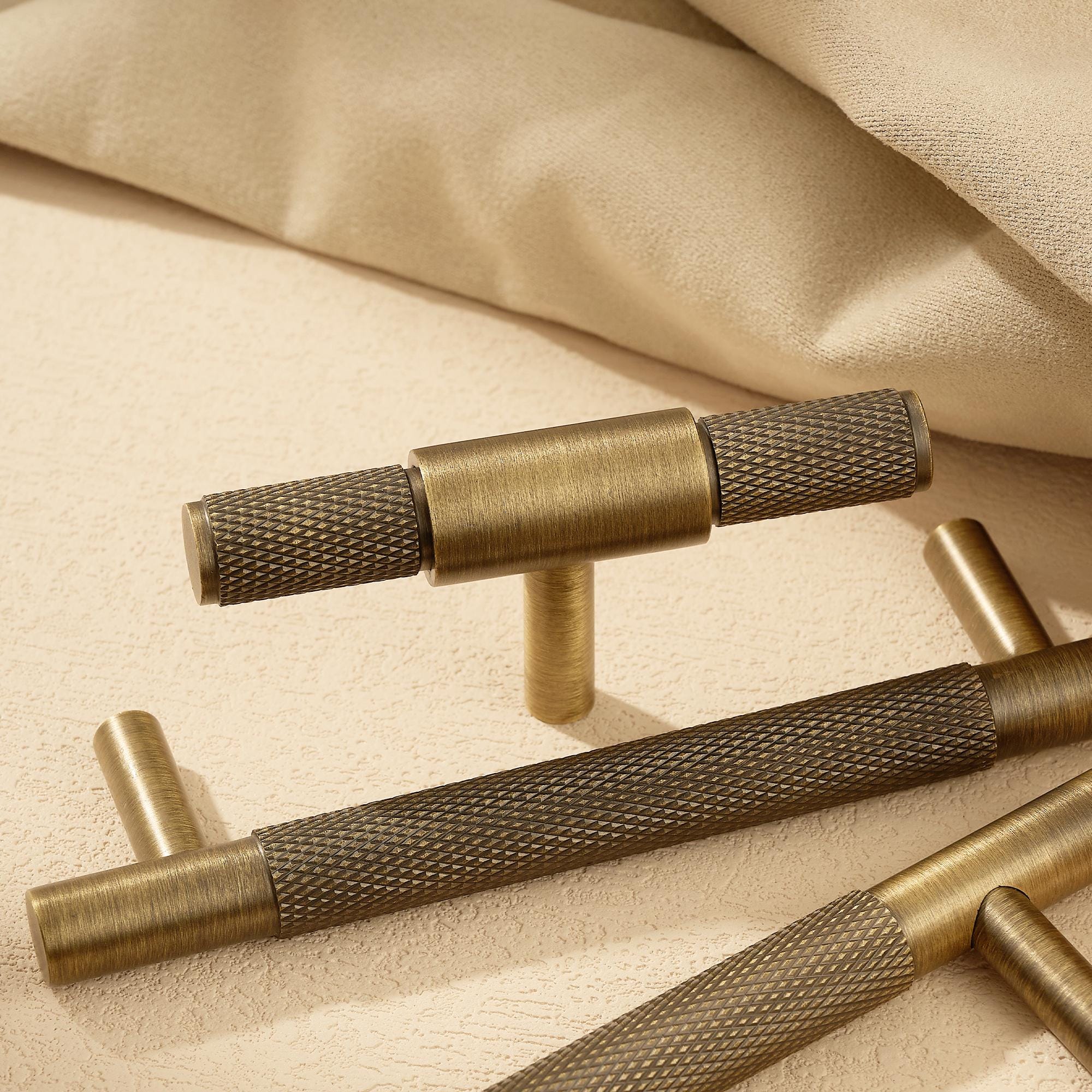 Solid Brass Knurled Cabinet Pull, Antique Industrial T Bar Knob