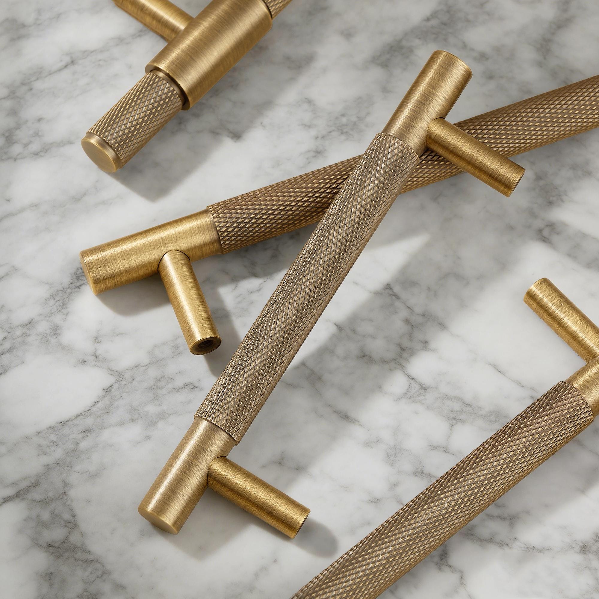 Solid Brass Knurled Cabinet Pull, Antique Industrial T Bar Knob