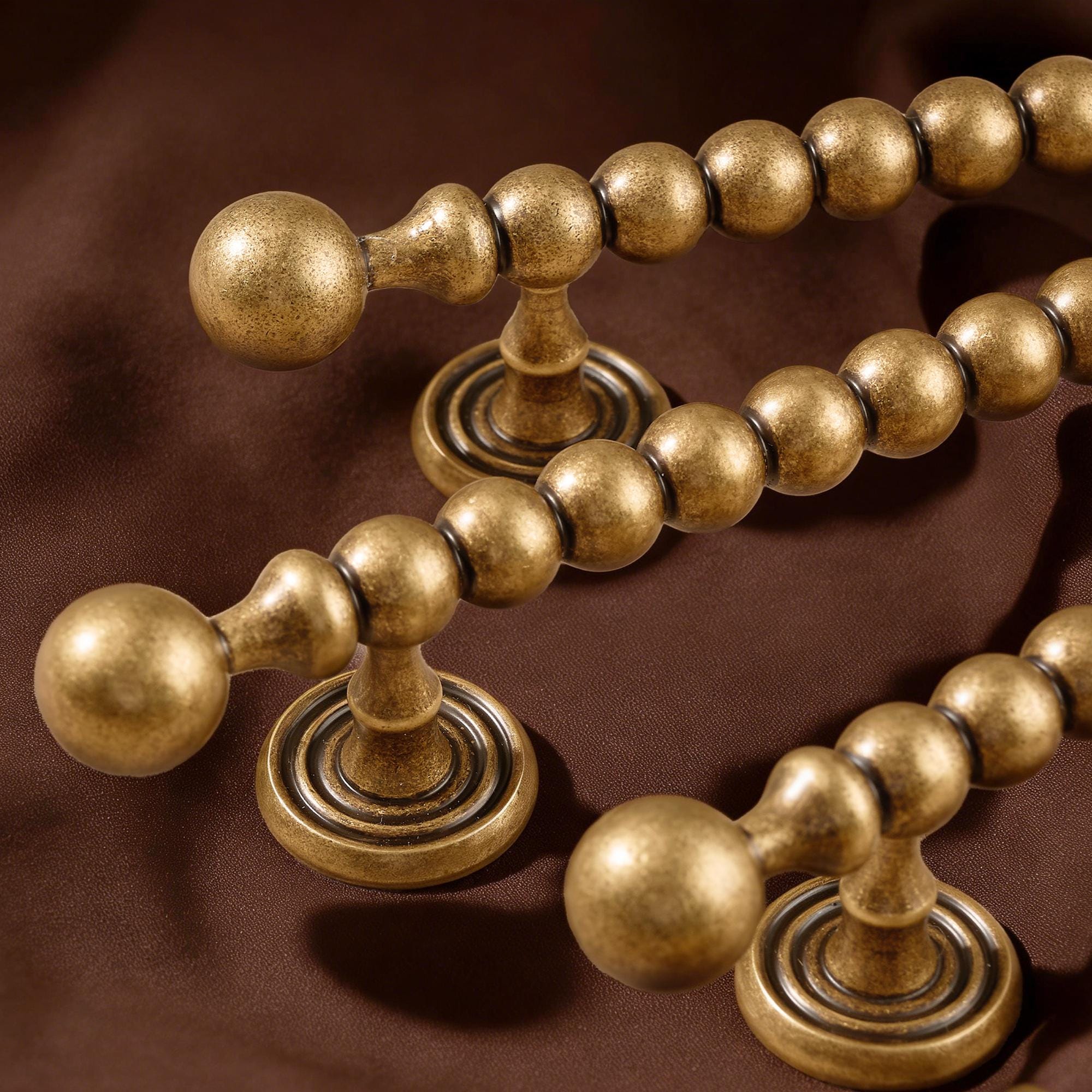 Solid Brass Beaded Cabinet Pull, Antique French Country Drawer Handle