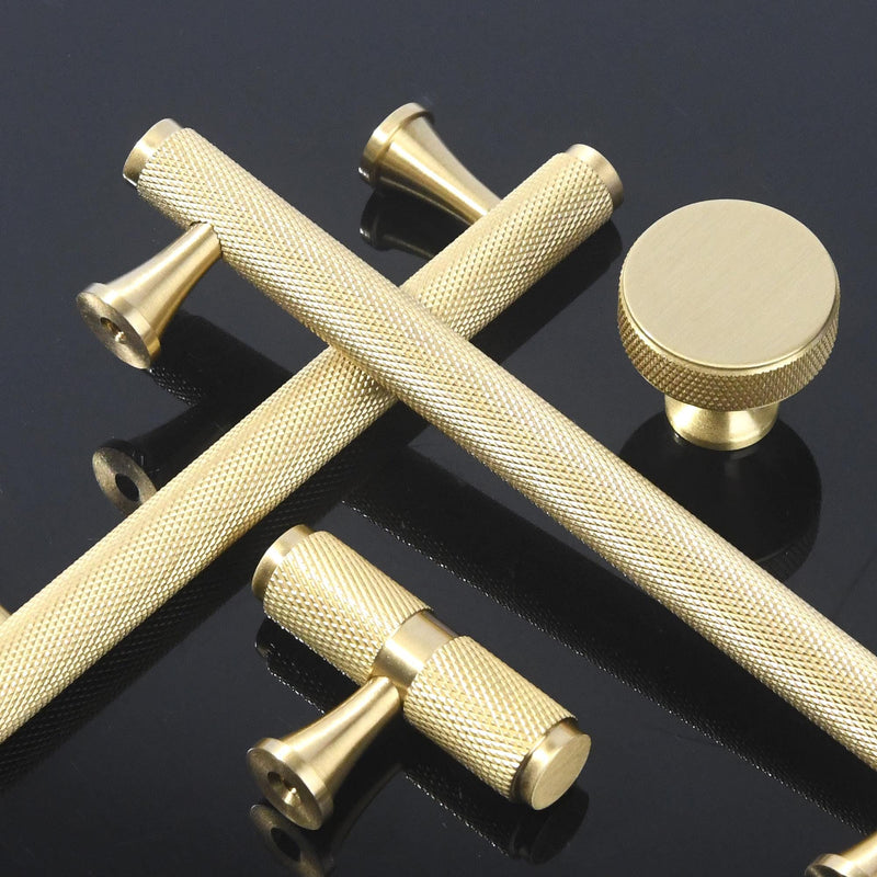 Solid Brass Knurled Cabinet Pull, Modern T Bar Drawer Handle, Brushed Industrial Hardware
