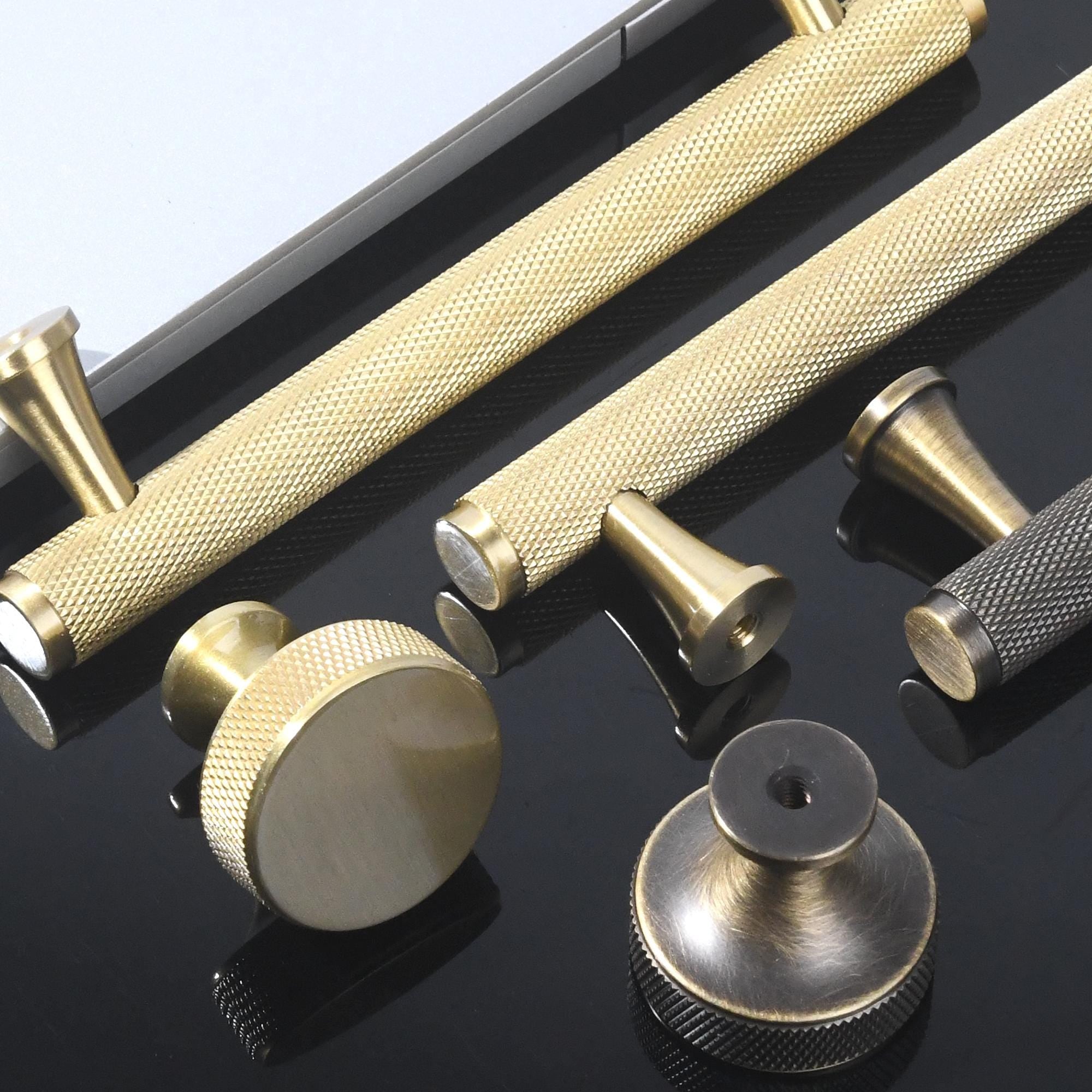 Solid Brass Knurled Cabinet Pull, Modern T Bar Drawer Handle, Brushed Industrial Hardware