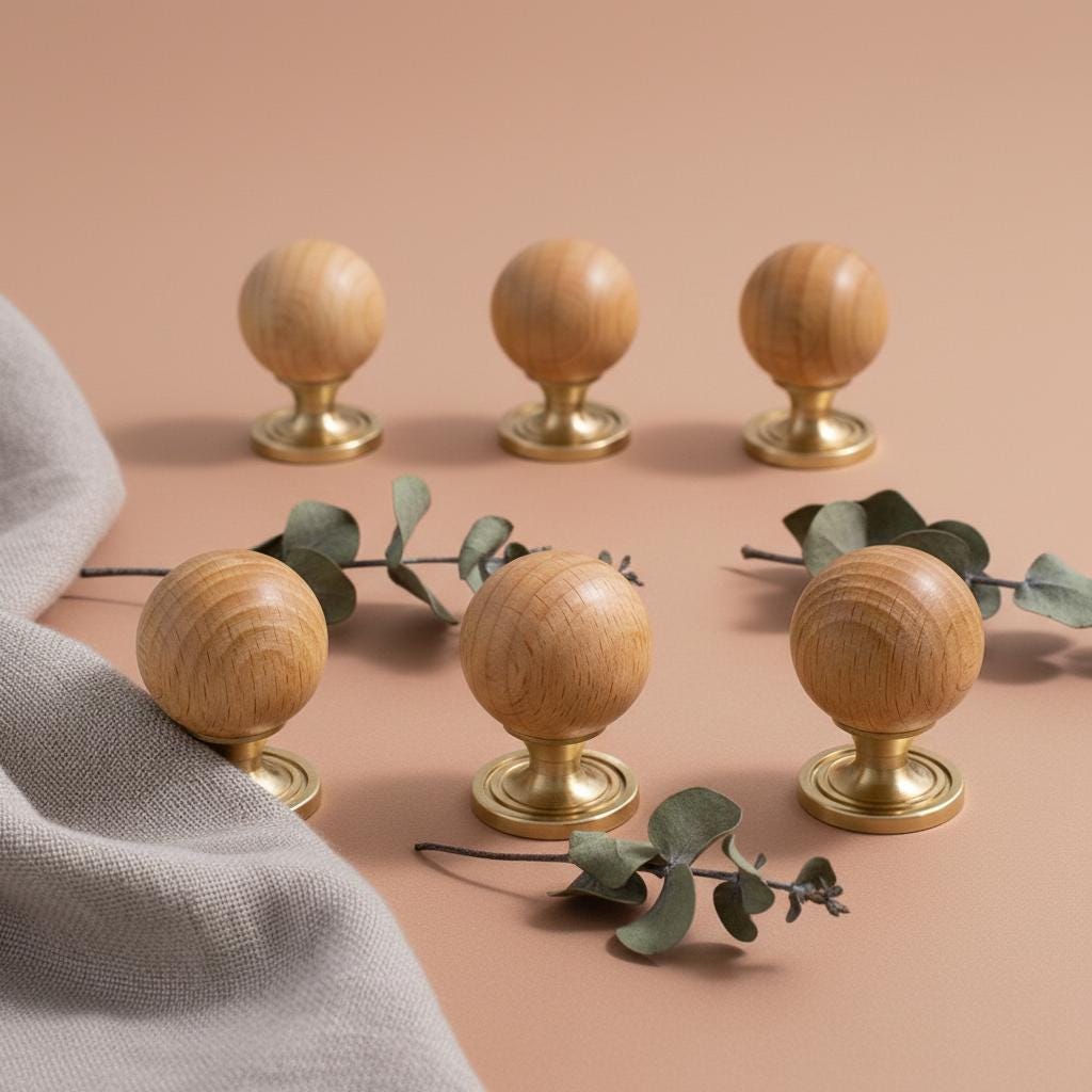 Wood Cabinet Knob Brass Base | Round Wooden Drawer Knob | Modern Minimalist Kitchen Hardware | Natural Wood Dresser Pull | Scandinavian Knob