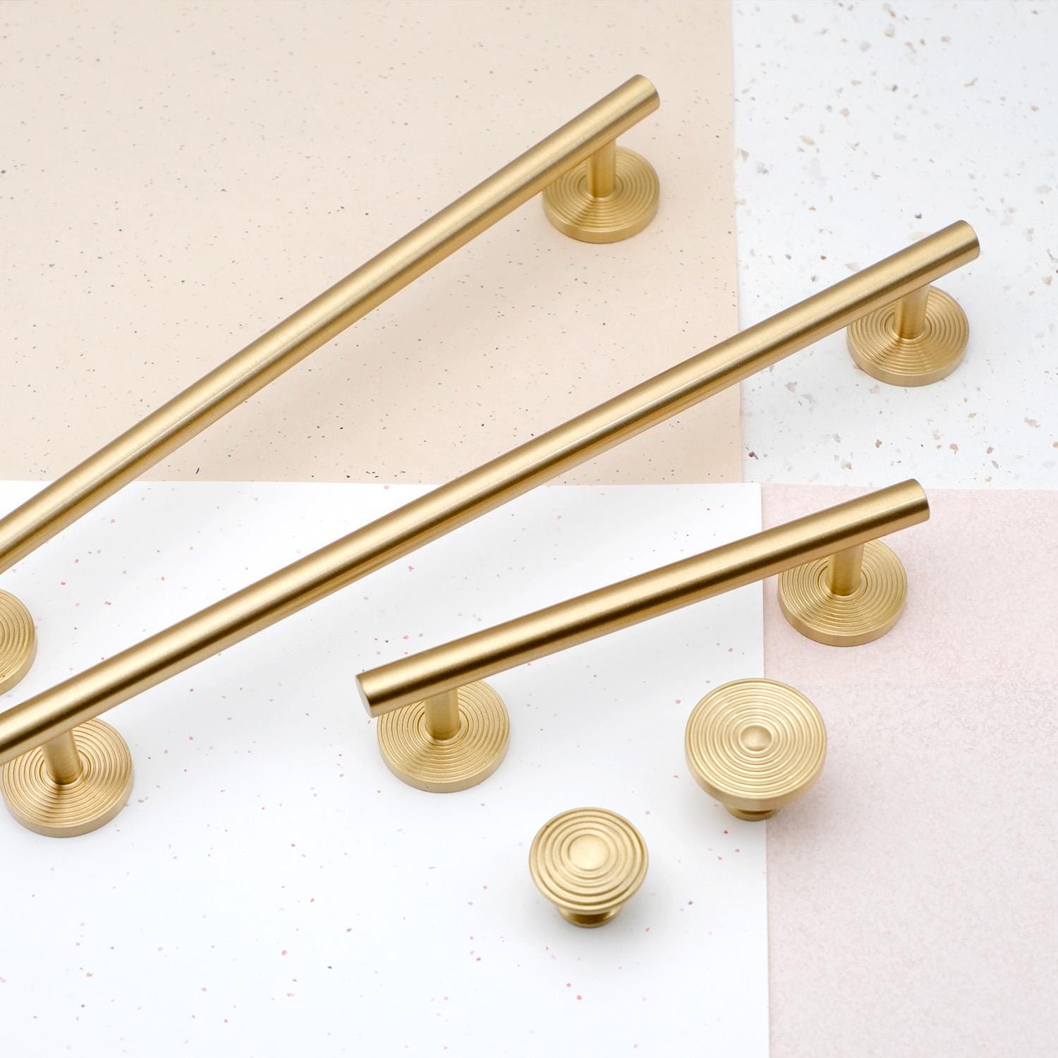 Brushed Brass Cabinet Pull & Knob Set | Modern Drawer Handle with Textured Round Base | Solid Brass Kitchen Hardware Minimalist Dresser Pull