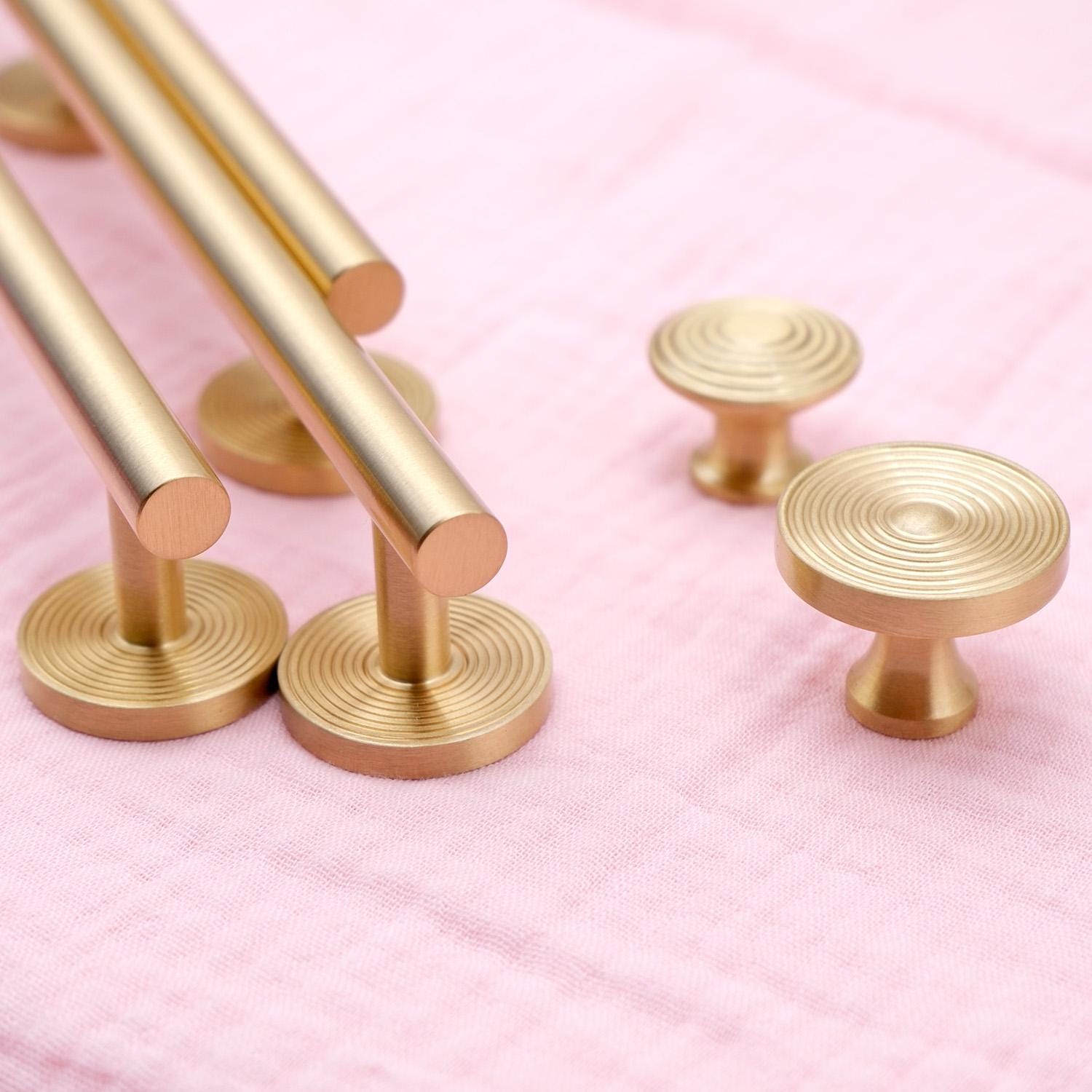 Brushed Brass Cabinet Pull & Knob Set | Modern Drawer Handle with Textured Round Base | Solid Brass Kitchen Hardware Minimalist Dresser Pull