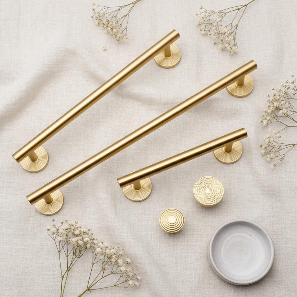 Brushed Brass Cabinet Pull & Knob Set | Modern Drawer Handle with Textured Round Base | Solid Brass Kitchen Hardware Minimalist Dresser Pull