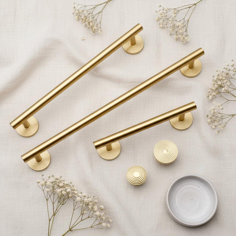 Brushed Brass Cabinet Pull & Knob Set | Modern Drawer Handle with Textured Round Base | Solid Brass Kitchen Hardware Minimalist Dresser Pull