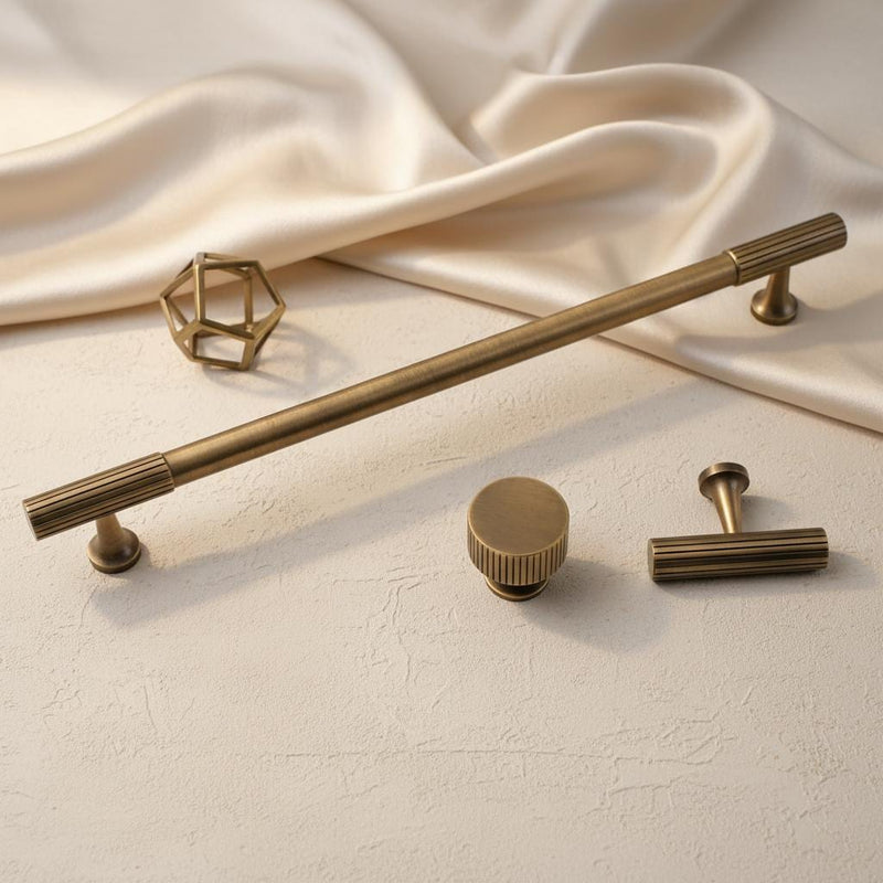 Antique Brass Cabinet Pull & Knurled Knob | Brushed Gold Drawer Handle | Modern Vintage Solid Brass Kitchen Cabinet Hardware Dresser Pull