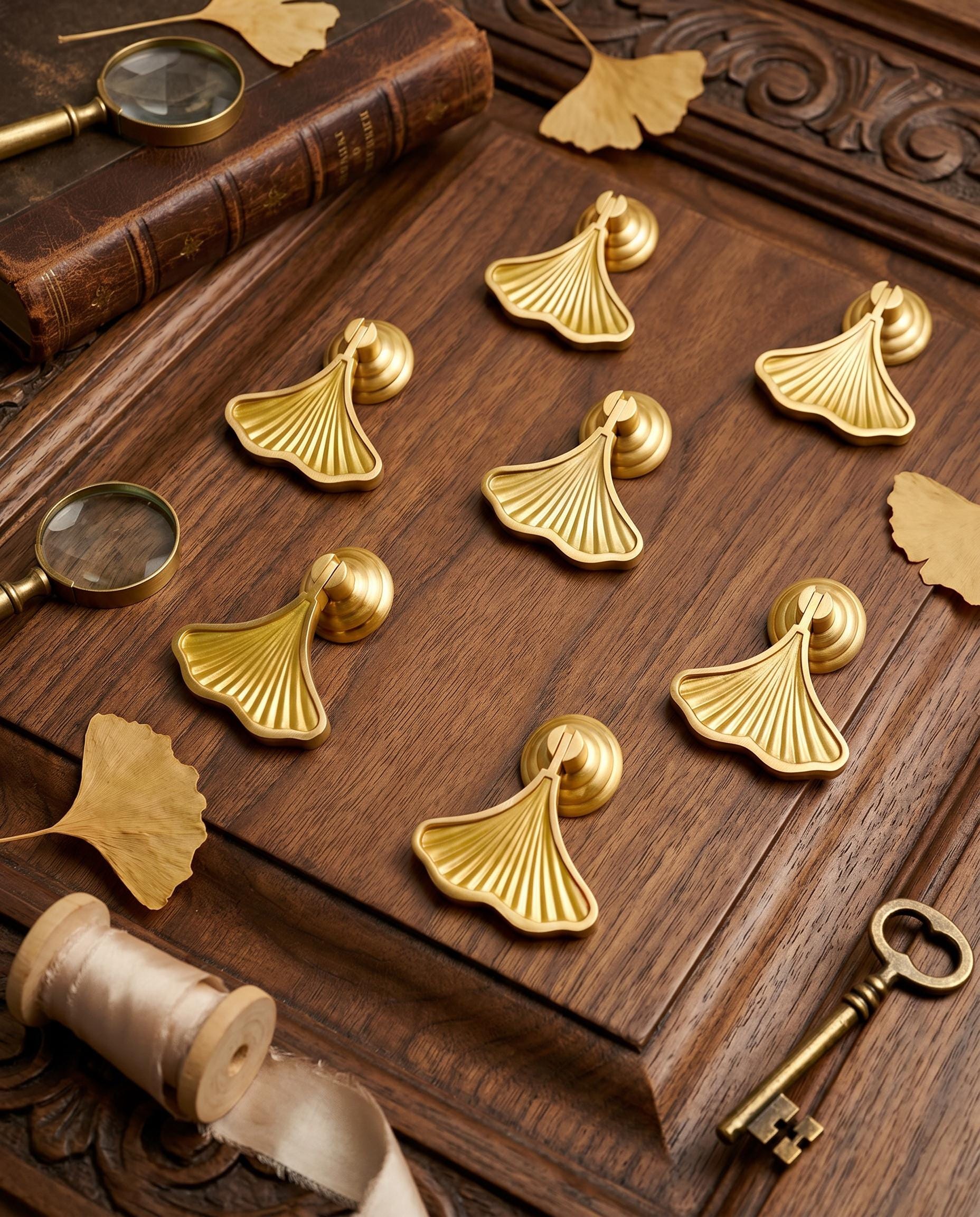 Ginkgo Leaf Brass Cabinet Knob | Gold Decorative Drawer Pull | Solid Brass Luxury Cabinet Hardware | Unique Kitchen Dresser Knob