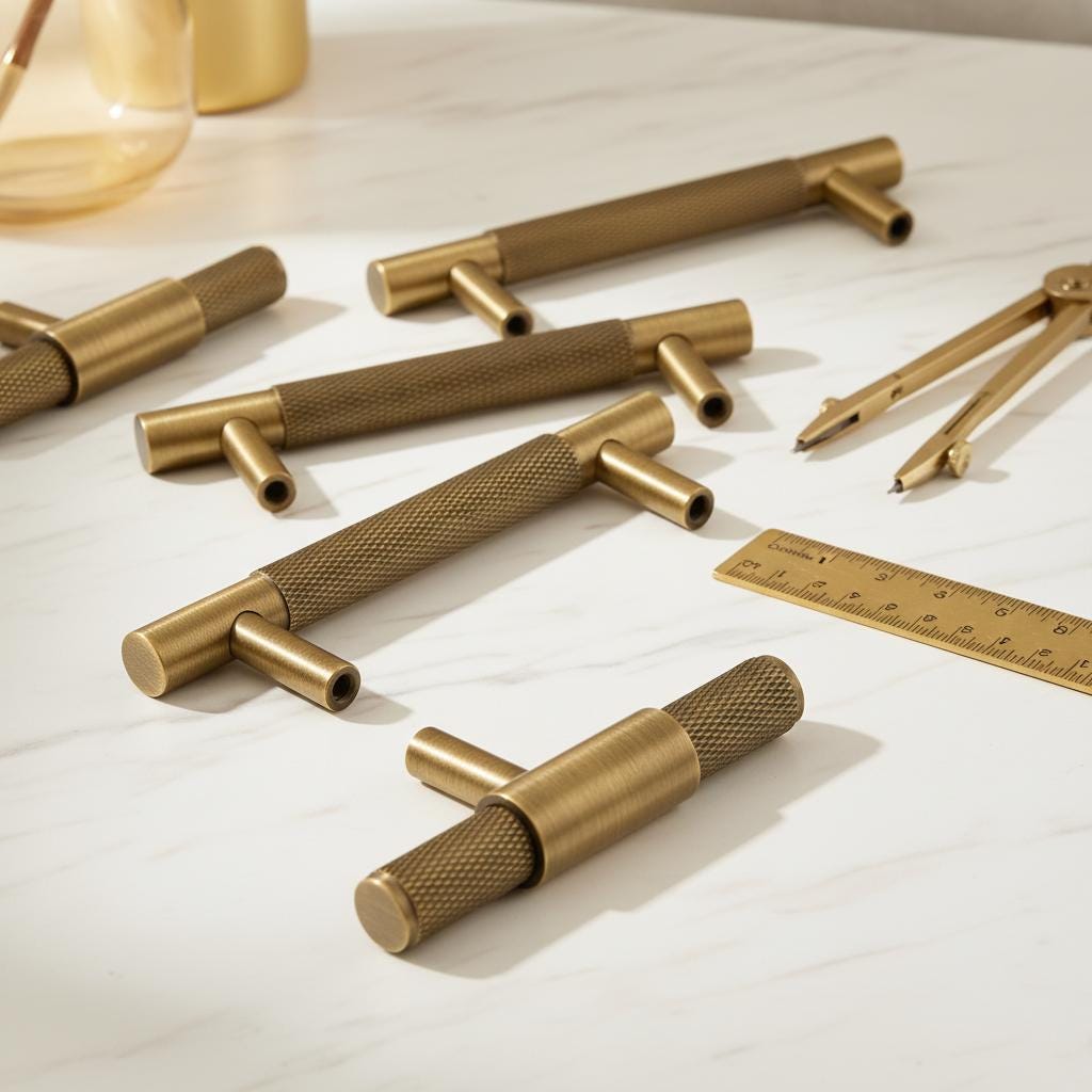 Solid Brass Knurled Cabinet Pull, Antique Industrial T Bar Knob