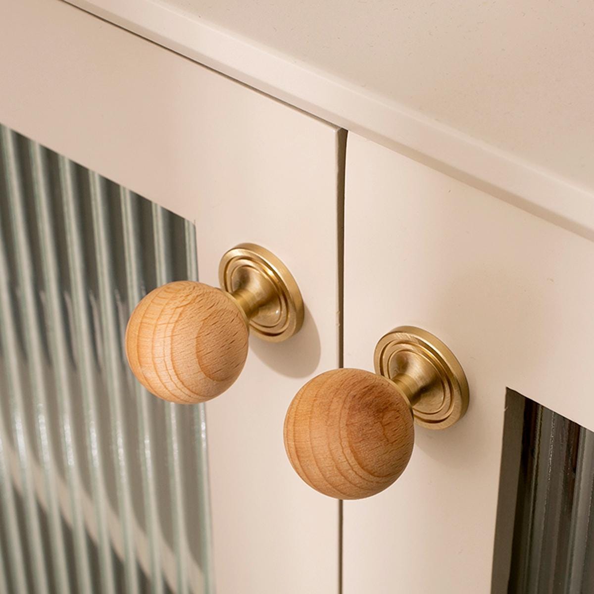 Wood Cabinet Knob Brass Base | Round Wooden Drawer Knob | Modern Minimalist Kitchen Hardware | Natural Wood Dresser Pull | Scandinavian Knob