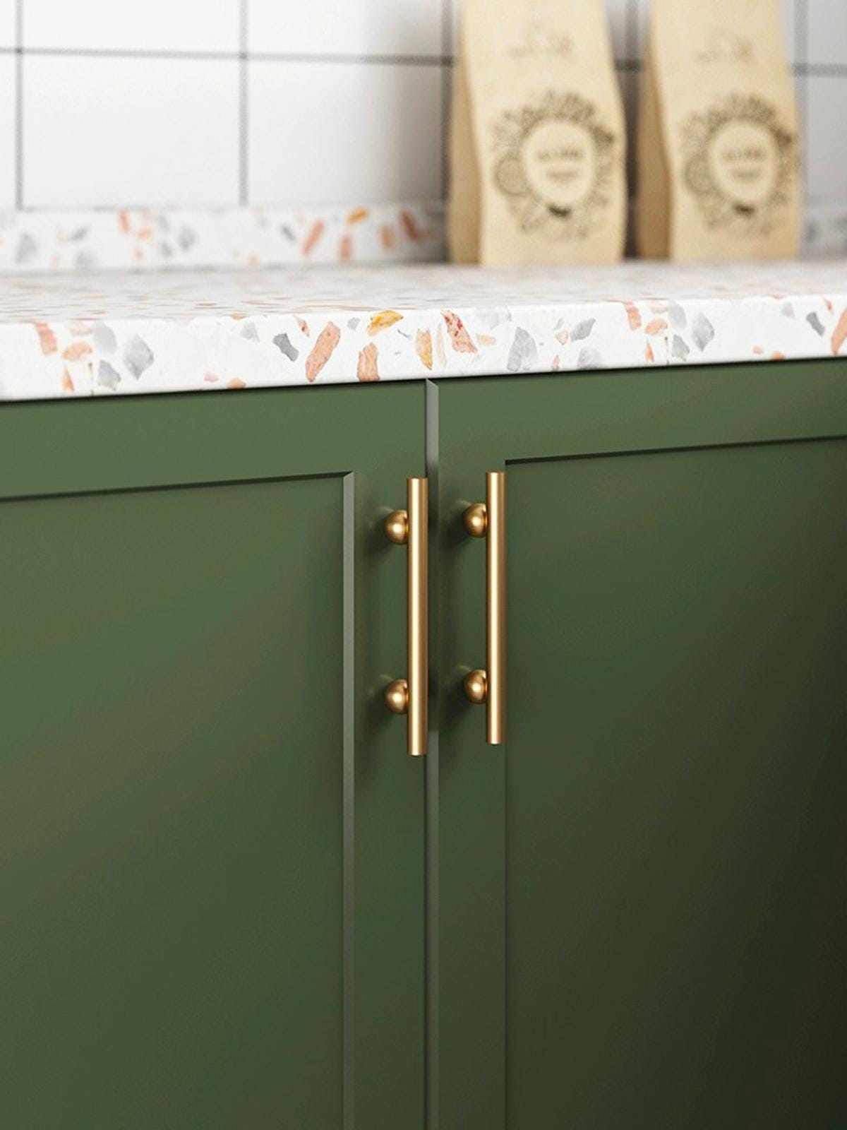 Brushed Brass Cabinet Pull Handle | Modern Drawer Pull with Round Ball Base | Minimalist Solid Brass Bar Handle for Kitchen Cabinets Dresser