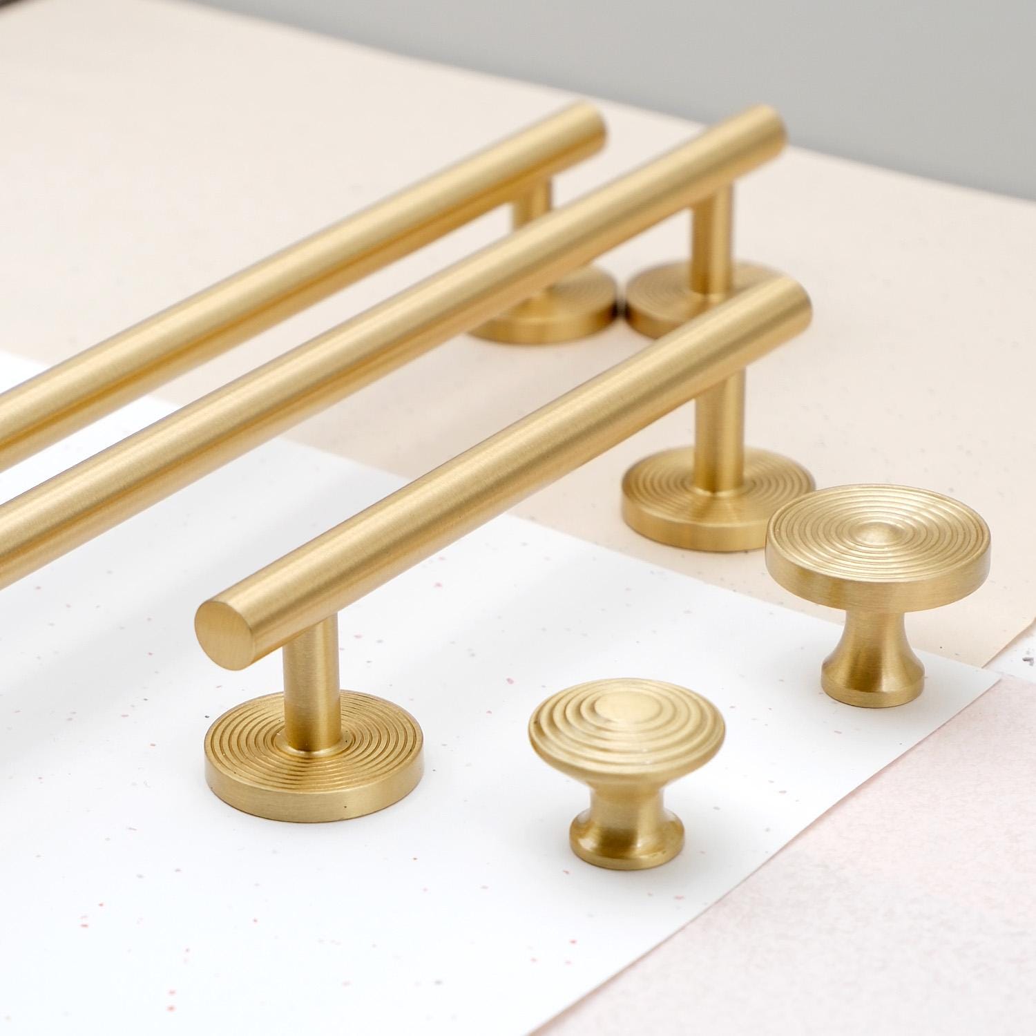 Brushed Brass Cabinet Pull & Knob Set | Modern Drawer Handle with Textured Round Base | Solid Brass Kitchen Hardware Minimalist Dresser Pull