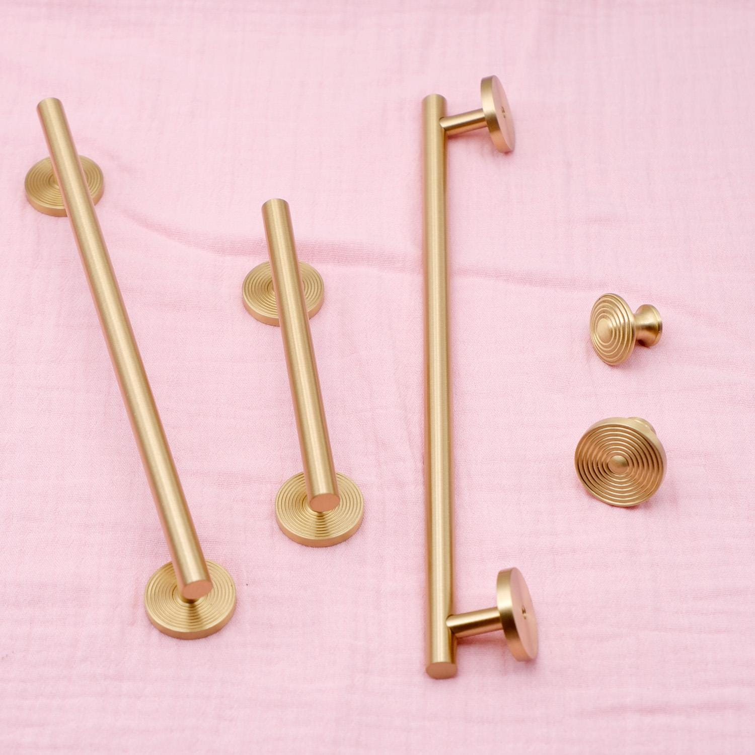 Brushed Brass Cabinet Pull & Knob Set | Modern Drawer Handle with Textured Round Base | Solid Brass Kitchen Hardware Minimalist Dresser Pull