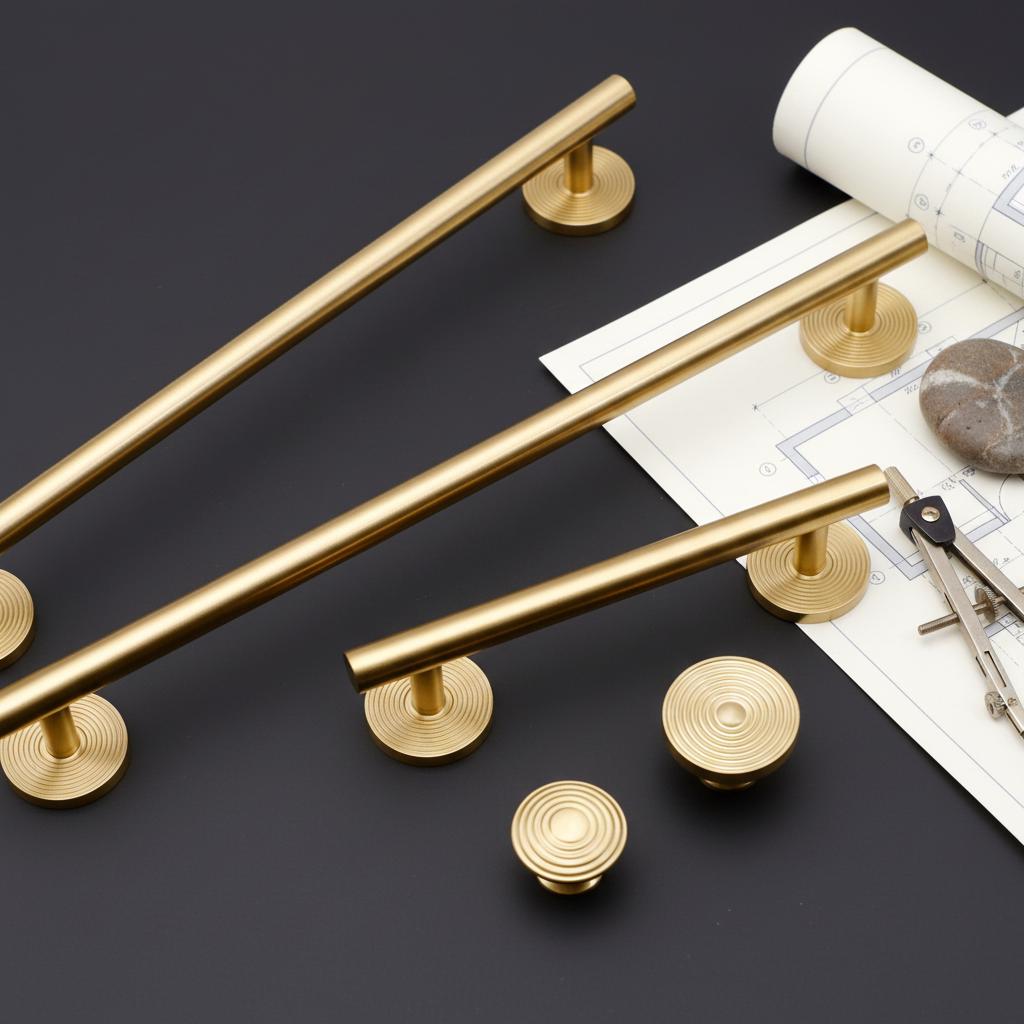 Brushed Brass Cabinet Pull & Knob Set | Modern Drawer Handle with Textured Round Base | Solid Brass Kitchen Hardware Minimalist Dresser Pull